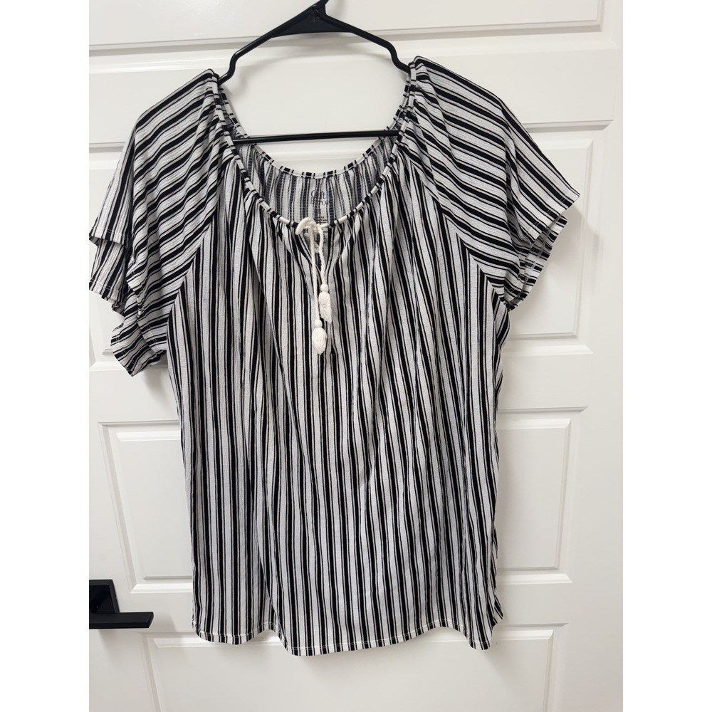 Croft & Barrow Womens Plus 1X Stretch Blouse Vertical Stripe Tassel Tie Top